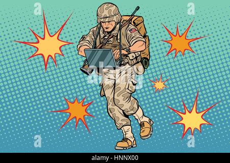 Cyber soldier with a computer. Vintage pop art retro comic book vector illustration. Commando officer. US army. Flash explosions Stock Vector