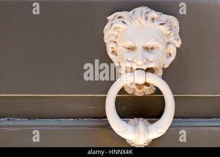 Detail in relief of metal in the form of a head and an old door Stock Photo