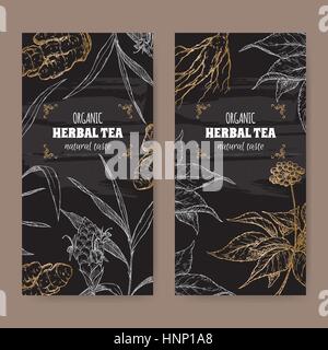 Two vector labels with ginger and ginseng sketch on black. Stock Vector