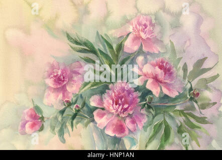 bouquet of pink peonies watercolor Stock Photo