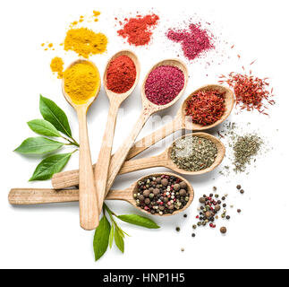 Assortment of colorful spices in the wooden spoons on the white background. Stock Photo