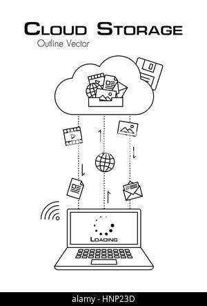 Cloud Storage . More file was downloaded from cloud server to laptop . outline style . flat design . Stock Vector