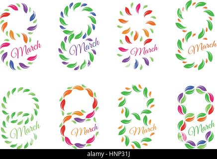 Isolated colorful number eight of leaves and petals with word march icons set, international women day greeting card elements vector illustrations collection. Stock Vector
