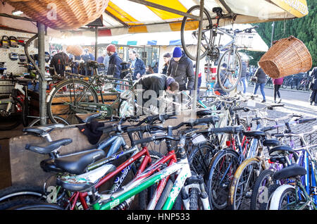 Bike Repairs and Sales from a  stall in Cambridge Market Stock Photo