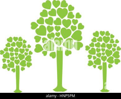 set collection trees with leafy branches in heart shape form vector illustration Stock Vector