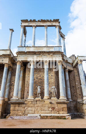Merida, Badajoz Province, Extremadura, Spain. Detail of stage of the Roman Theatre, constructed in the years 16 to 15 BCE. Stock Photo
