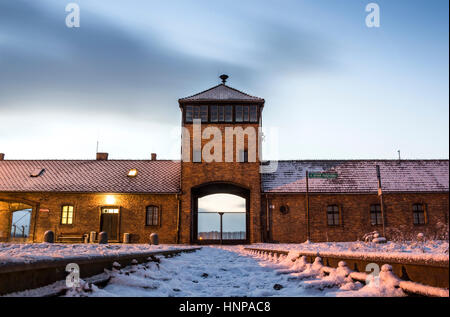 Main gate to nazi concentration camp, Auschwitz-Birkenau, Poland Stock Photo