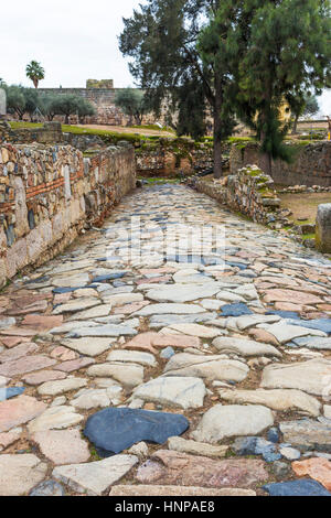 Merida, Badajoz Province, Extremadura, Spain. Part of a Roman road in the Alcazaba, a 9th-century Muslim fortification. Stock Photo