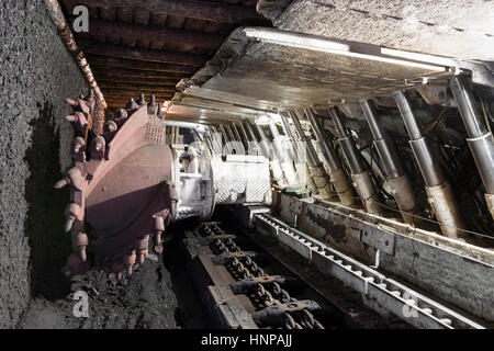 Longwall Mining, shearer with two rotating cutting drums and movable hydraulic roof supports called shields, Guido Coal Mine Stock Photo