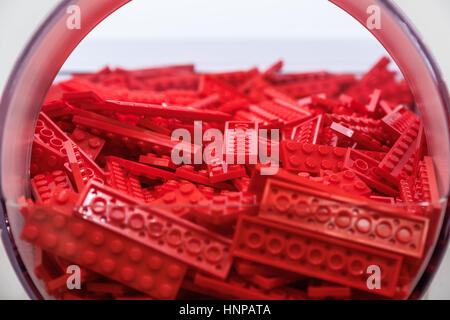 Pile of plastic brick toy in red colour Stock Photo