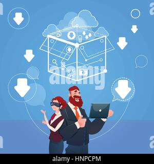 Business Man And Woman Wear Digital Reality Glasses Brainstorming Briefing Idea Concept Stock Vector