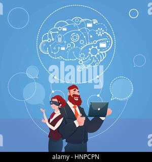 Business Man And Woman Wear Digital Reality Glasses Brainstorming Briefing Idea Concept Stock Vector
