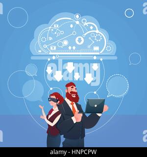 Business Man And Woman Wear Digital Glasses Use Laptop Computer Cloud Database Concept Stock Vector
