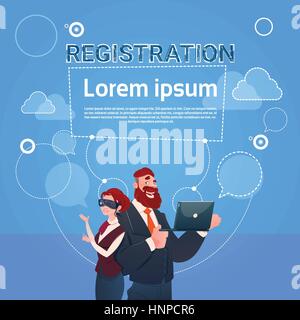 Business Man And Woman Wear Digital Glasses Use Laptop Computer Registration Concept Stock Vector