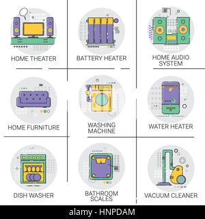 Hot Water Heater Battery Household House Heating Icon Set Furniture, Vacuum Cleaner Dish Washing Machine Collection Stock Vector