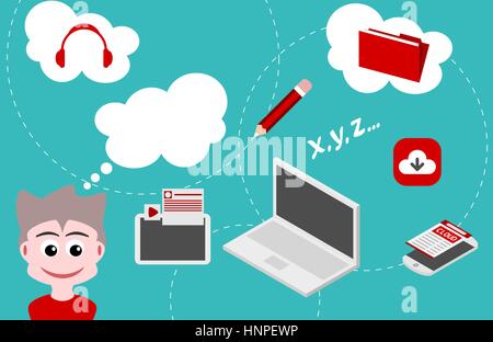Cloud computing concept with gadgets and funny cartoon character. Online storage services with laptop, tablet, download icon, headphones, folder icon. Stock Vector