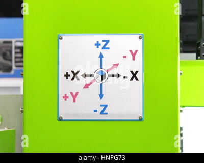 X Y Z axis arrows Board on Industrial Machine Stock Photo