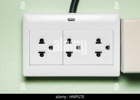 White AC Electric Outlet with Indicator Lamp on Green Wall Stock Photo