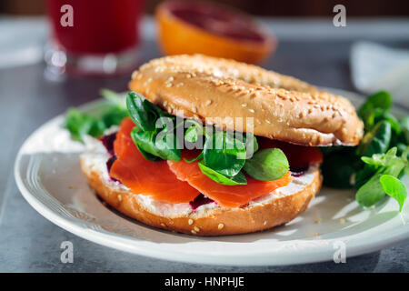 Bagel with cream cheese, smoked salmon and beetroot Stock Photo