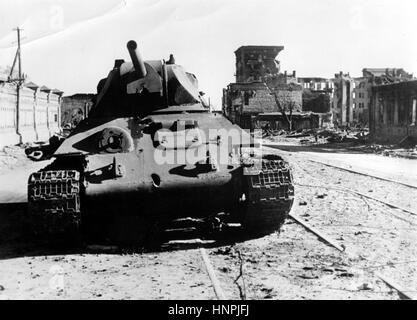 The Nazi propaganda image shows a destroyed Soviet tank and ruins in Stalingrad (today Volgograd). Taken in October 1942. A Nazi state reporter has written on the reverse of the picture on 08.10.1942, 'Evidence of intense fighting in Stalingrad. The streets of Stalingrad seem to be completely deserted. Tanks shot to pieces and ruins characterise the picture. But behind the remains of walls lurks the enemy, treacherously waiting to start up the battle again at any time.' Fotoarchiv für Zeitgeschichte - NO WIRE SERVICE - | usage worldwide Stock Photo