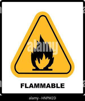 Fire warning sign in yellow triangle. High Flammable Materials, inflammable substances icon. Vector banner isolated on white. Stock Vector