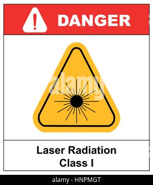 Danger laser radiation Class I symbol in yellow triangle isolated on white with text and exclamation point. Informational banner. Stock Vector