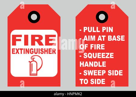 How to use a fire extinguisher informational tags front and back side vector symbol and text Stock Vector