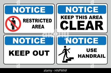 Notice information banner set. Restricted area, keep this area clear, keep out, use handrail. Sticker labels for public places. Vector illustration. Stock Vector
