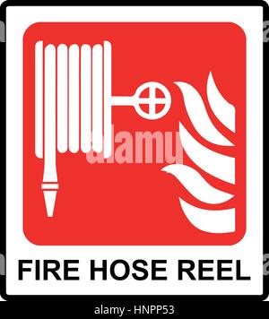 Vector Fire hose reel sign Informational sticker for public places Emergency symbol with text Stock Vector