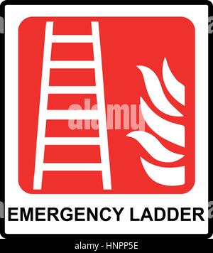 Fire ladder sign. Vector emergency symbol for evacuation in public places. Red emergency sticker label with text isolated on white. Stock Vector