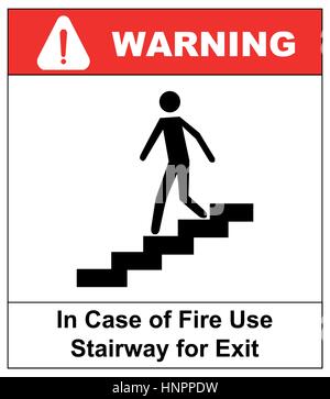 in case of fire use stairway for exit sign. man going on emergency exit. warning banner. vector symbol. Stock Vector