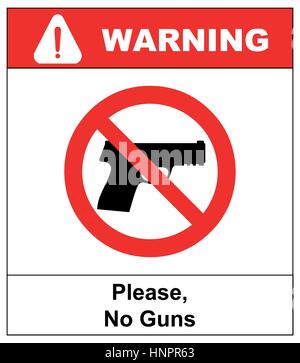 Prohibiting sign for weapons. No gun sign. Vector illustration, warning banner for public places, isloated on white, general red prohibition circle. Stock Vector