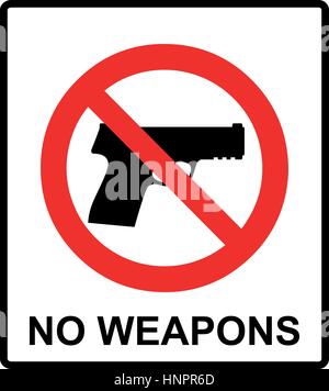 Prohibiting sign for weapons. No gun sign. Vector illustration, warning banner for public places, isloated on white, general red prohibition circle. Stock Vector