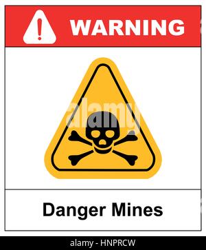vector skull danger sign. danger mines hazard. vector sticker with yellow triangle symbol isolated on white. exclamation point. Stock Vector