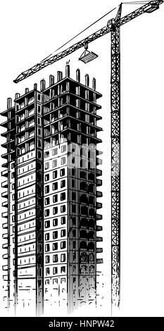 Construction site with crane, vector illustration. Hand drawn building, house sketch Stock Vector