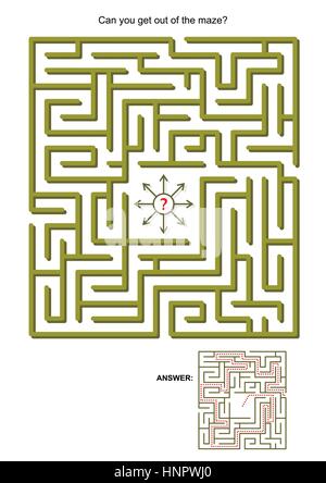 Maze game for kids or adults: Can you get out of the maze? Answers included. Stock Vector