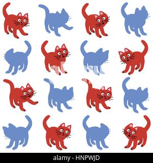 Shadow match game with red cats and their silhouettes. Or use this image as seamless pattern. Stock Vector