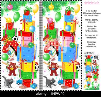 New Year or Christmas visual puzzle: Find the ten differences between the two pictures of holiday presents, toys and ornaments. Answer included. Stock Vector
