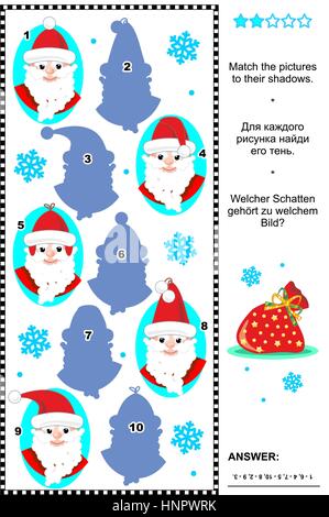 Christmas or New Year themed visual puzzle: Match the pictures of Santa Claus wearing various caps to the shadows. Answer included. Stock Vector