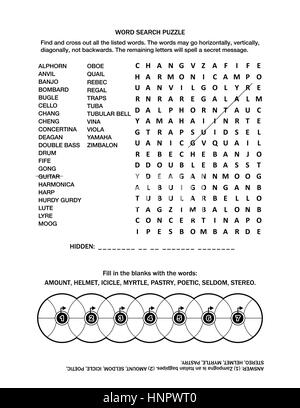Puzzle page with two word games (English language) for adults or children. Black and white, A4 or letter sized. Answer included. Stock Vector