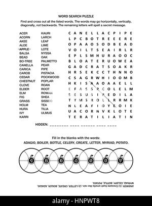 Puzzle page with two word games (English language) for adults or children. Black and white, A4 or letter sized. Answer included. Stock Vector