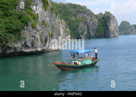 Halong Bay, Vietnam - September 29, 2010: Halong bay in Vietnam with boat, many accidents taking place here every year Stock Photo