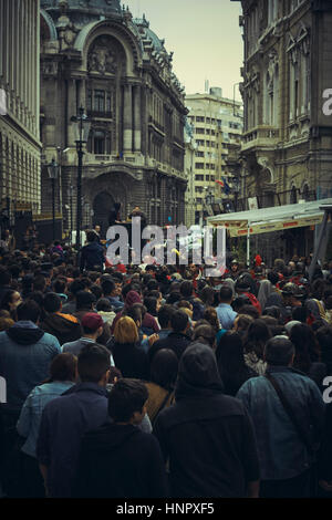 Pilgrims take part at the procession during the Via Crucis (Way of the Cross) reenactment on Good Friday, April 15, 2014, downtown Bucharest, Romania Stock Photo