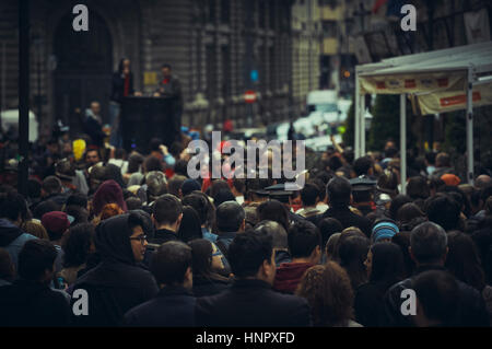 Pilgrims take part at the procession during the Via Crucis (Way of the Cross) reenactment on Good Friday, April 15, 2014, downtown Bucharest, Romania Stock Photo