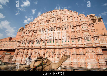 At, famous, facade, of, Palace of the Winds,Hawa Mahal.In, Pink City,Jaipur,Rajasthan,India.Asia,Asian. Stock Photo