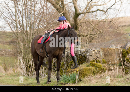 Teenage girl mounting thoroughbred horse on rural road, North Yorkshire, UK. Stock Photo
