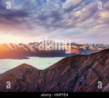 Thick fog on the mountain pass Goulet. Georgia, Svaneti. Europe. Stock Photo