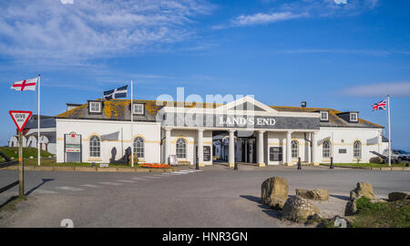 United Kingdom, South West England, Cornwall, entry to the Land's End tourist centre at the most westerly point of mainland Cornwall and England on th Stock Photo