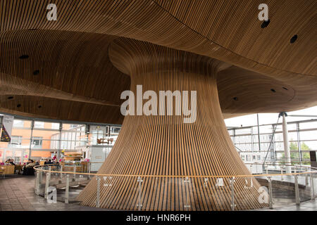 A general view of interior woodwork on the ceiling and funnel of the Senedd, home of the Welsh Assembly, in Cardiff Bay, South Wales, UK. Stock Photo