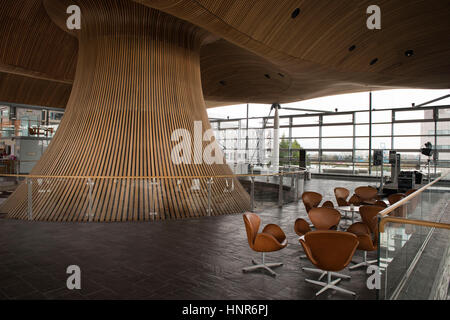 A general view of interior woodwork on the ceiling and funnel of the Senedd, home of the Welsh Assembly, in Cardiff Bay, South Wales, UK. Stock Photo